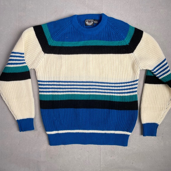Houlihans Shops Striped Sweater Vintage 80s Knit Crew Neck Pullover XL - Picture 1 of 5